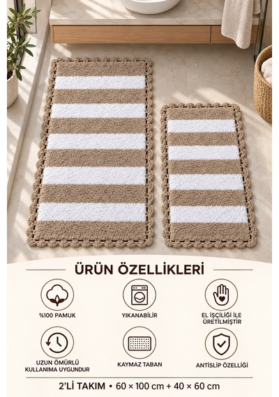 Alanur Bodrum Tufting Cotton Pamuklu El Işi Örgülü 2 Li Paspas 112 Beyaz - Kahve