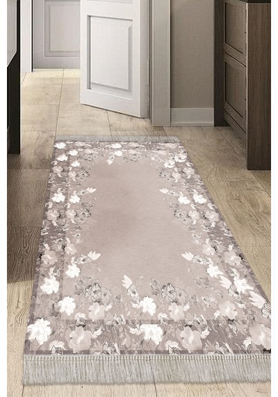 Dijital Baskılı Dikdörtgen Salon Halısı Kaymaz Yıkanabilir Keçe Taban Saçaklı Çiçekli P1388 gri