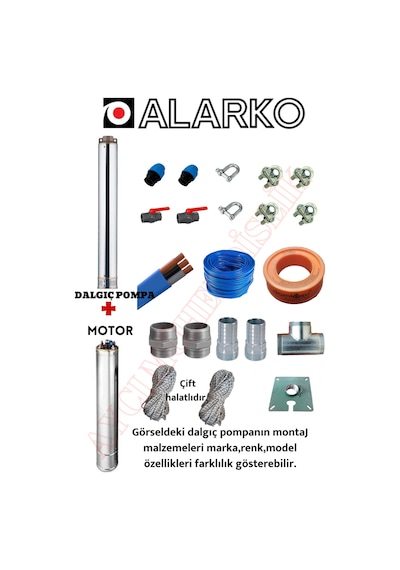 4sd4/14 1,5 Hp Alarko Trifaze 40 Mt Yassı Kablolu 80 Mt Halatlı Çift Vanalı Akıtma Başlıklı Takım Dalgıç Pompa