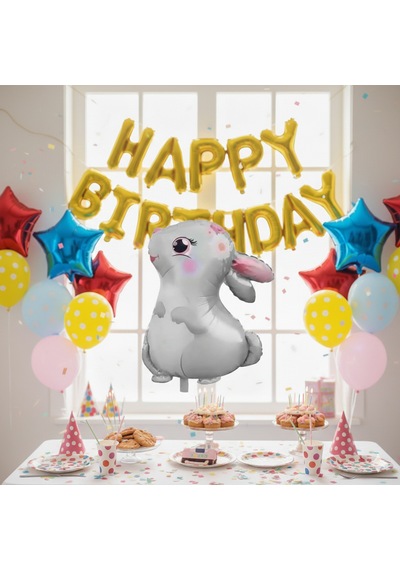 51x54 Cm Sevimli Tavşan Çiçek Desenli Folyo Balon - Doğum Günü Parti Dekorasyon Balonu Çok Renkli
