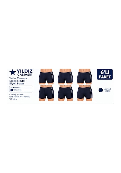 Yıldız Çamaşır Erkek Modal Biyeli Boxer 105-106-107-108-109 - 6 Adet Lacivert