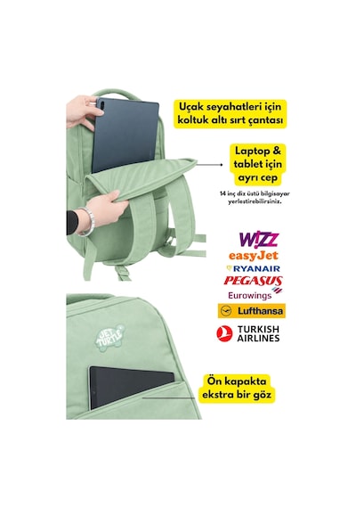 Jet Turtle Seyahat Sırt Çantası 40cm 40x25x15 Cm Pegasus, Wizz Air, Ryanair, El Valizi Koltuk Altı Valizi Yeşil