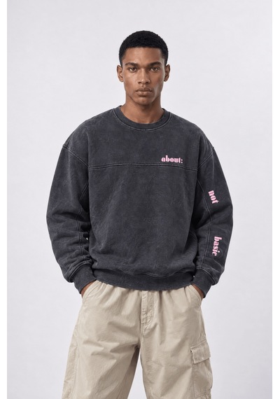 Respire Erkek About Baskılı Yıkamalı Oversize Sweatshirt Siyah
