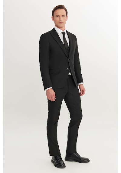 AC&Co / Altınyıldız Classics Erkek Sıyah Slim Fit Dar Kesim Kırlangıç Yaka Kapak Cepli Yelekli Takım Elbise Siyah