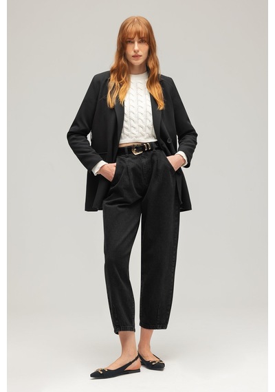 Sââde Kadın Tek Düğmeli Dokuma Kruvaze Blazer Ceket - Kuşaklı Siyah