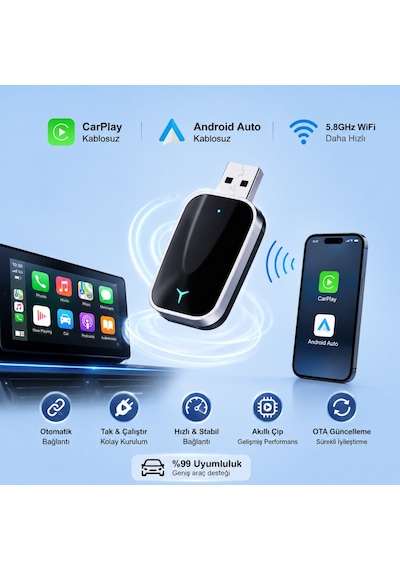 Triline Kablosuz Carplay Android Auto Mini 2in1 Usb Wireless Carplay Dönüştürücü Type-c Otg Destekli Diğer