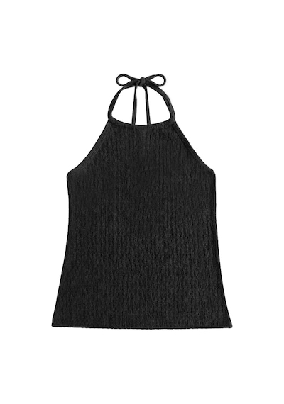 Cottonhıll Premium - Tide Collection Siyah Halter Yaka Boyundan Bağlamalı Bürümcük Dokulu Kadın Crop Bluz