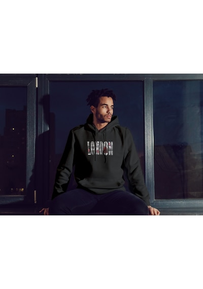 London Baskılı Oversize Unisex Kapüşonlu Sweatshirt Siyah