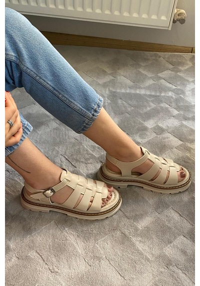Preshley Kadın Desma Bej Kafes Model Vardola Deyatlı Kalın Taban Ortopedik Sandalet K-140
