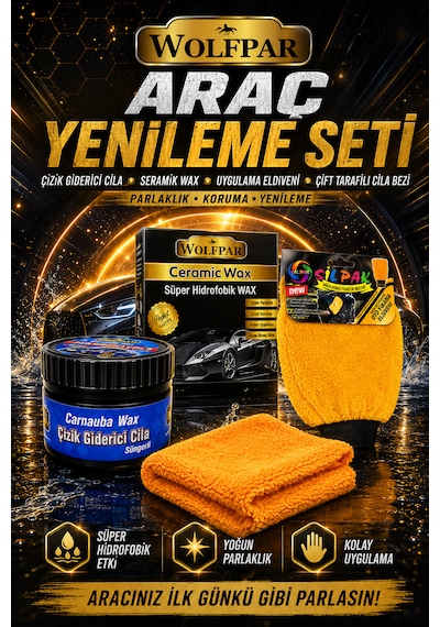 Araç Yenileme Seti Çizik Giderici Cila + Ceramic Wax + Uygulama Eldiveni + Çift Taraflı Cila Bezi
