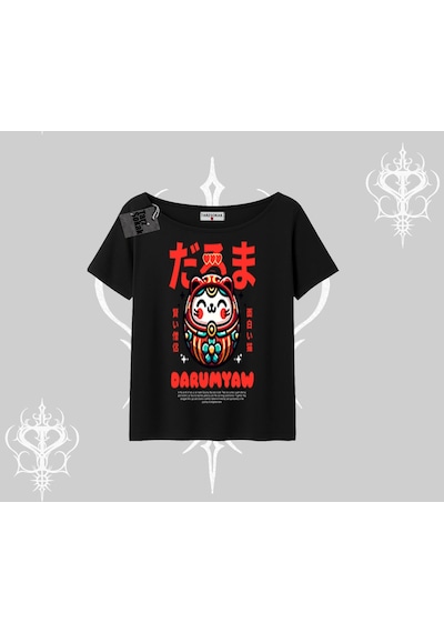 Tarzsokak Kayık Yaka Tshirt Daruma Kedi Anime Baskılı Siyah