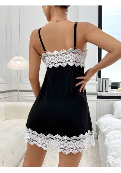 Efnaz Style Kadın Ip Askılı Yaka Dantel Detaylı Kısa Viskon Gecelik Siyah