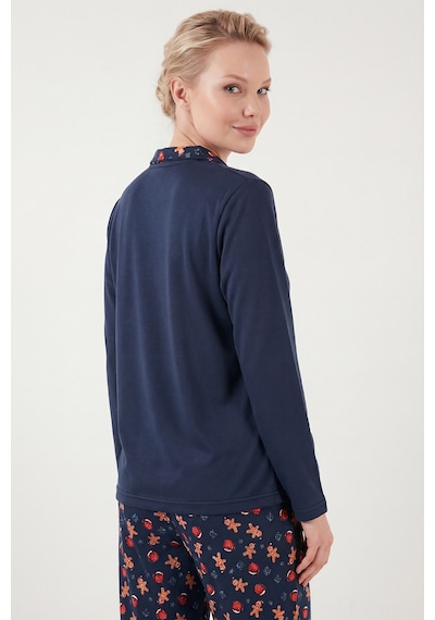 Lela Desenli Regular Fit Apaş Yaka Beli Lastikli Bol Paça Bayan Pijama Takımı 65714300 Lacivert