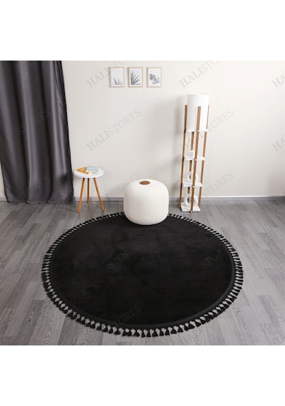 Siyah Fluffy Düğüm Saçaklı Yuvarlak Post Peluş Halı Kaymaz Taban