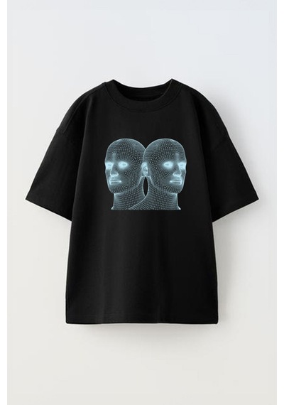 Thewert Unisex Alter Ego Tasarım Baskılı Pamuk Sıyah Oversize T-shirt Siyah