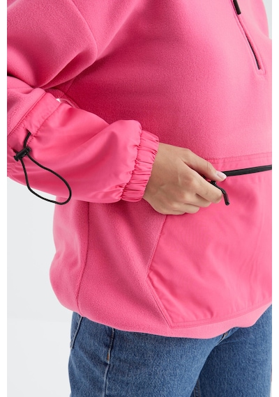 Tommy Life Şeker Pembe Etek Ucu Büzgülü Yarım Fermuarlı Oversize Kadın Polar Sweatshirt - 97238 Şeker Pembe