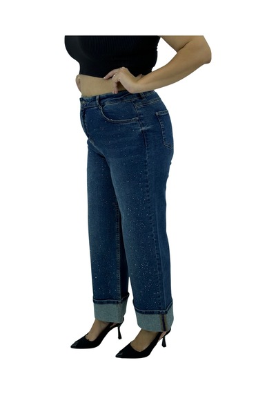 Büyük Beden Denim Toparlayıcı Yüksek Bel Taşlı Geniş Paça Kadın Pantolon Mavi