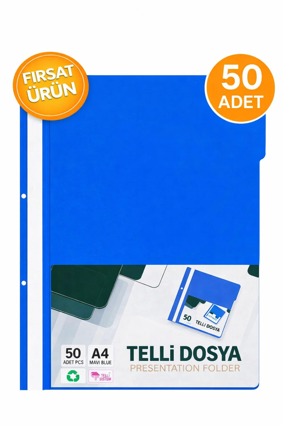 Telli Dosya Mavi A4 50'li Paket Plastik Klasör Delikli Mavi