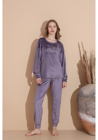 Lukitus Kadife Uzun Kol Kadın Pijama Takımı Gri