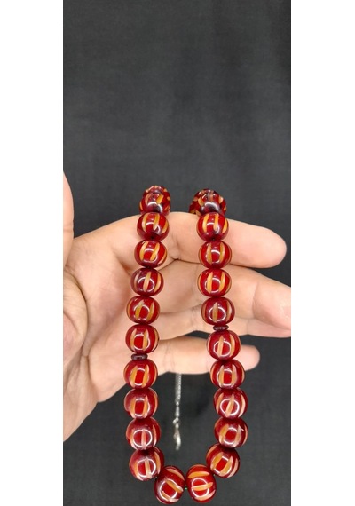 Çubuk Kehribar Tesbih Kalem İşçilikli Küre Kesim Bordo Renk T-395