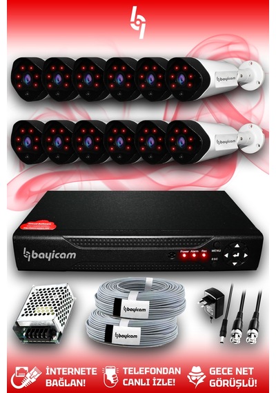 Bayicam 12 Kameralı Uzay 12 Dış Kamera Set HDD'siz Full HD Gece Görüşlü Güvenlik Kamerası Sistemi