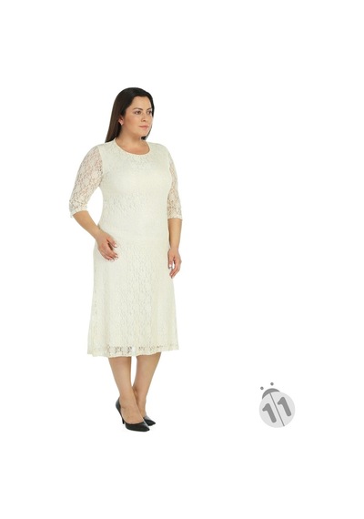 Nidya Moda Büyük Beden Dantel Elbise-4036E Ekru