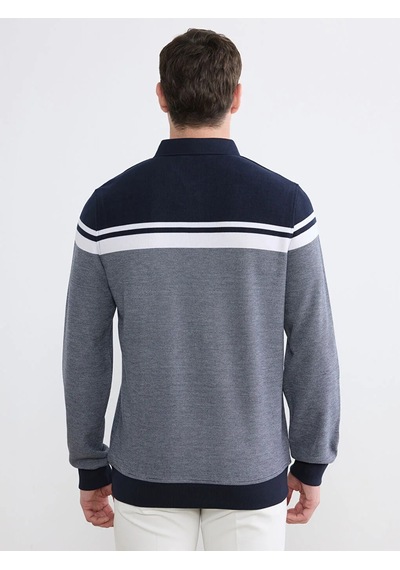 Lc Waikiki Lacivert Polo Yaka Renk Bloklu Erkek Sweatshirt