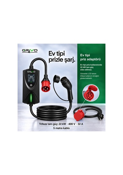 22 Kw 32a Taşınabilir Elektrikli Araç Şarj Cihazı Type 2 5 Metre Kablo Ip67 2 Yıl  - 938842751