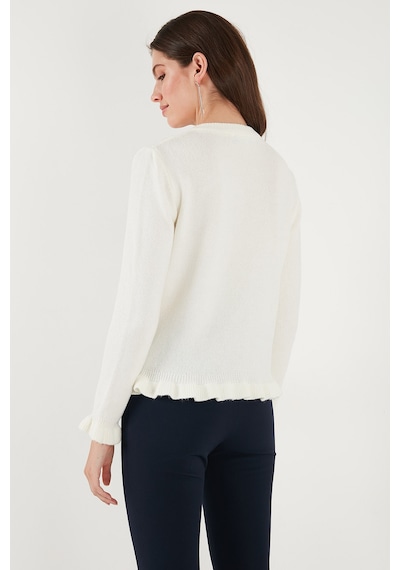 Lela Premium Pile Detaylı Regular Fit Yuvarlak Yaka Triko Bayan Hırka 680Hi00038 Ekru