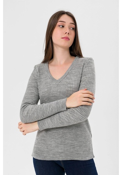 Miss Poem Kadın V Yaka Slim Fit Fitilli Uzun Kışlık Ekru Triko Kazak Gri