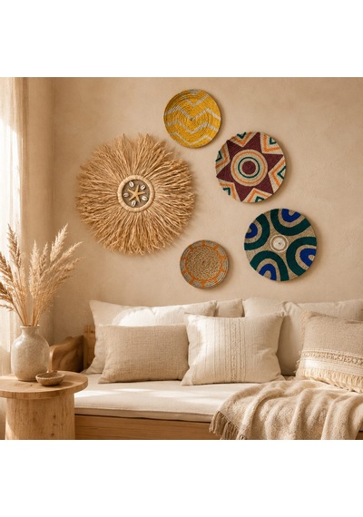 Momiko 5li Bohem El Yapımı Hasır Duvar Tabağı Seti - Etnik Set Boho -