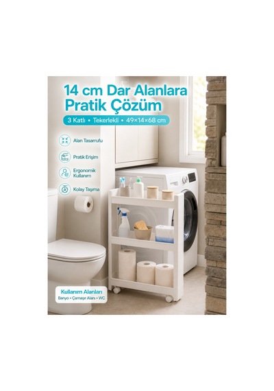 3'lü Slim Dar Alan Organizer Raf, Tekerlekli Çok Amaçlı Mutfak Ve Banyo Düzenleyici Beyaz Diğer