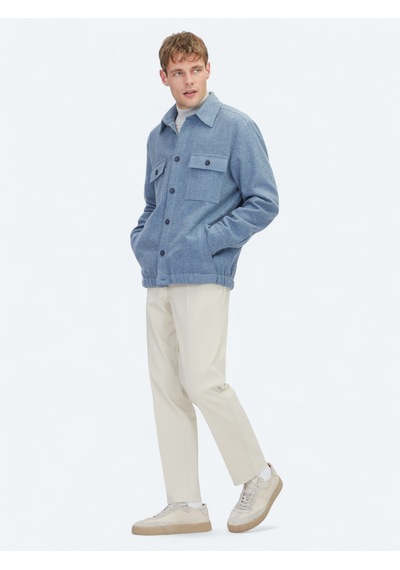 Kip Mavi Düz Regular Fit Uzun Dokuma Yün Karışımlı Overshirt