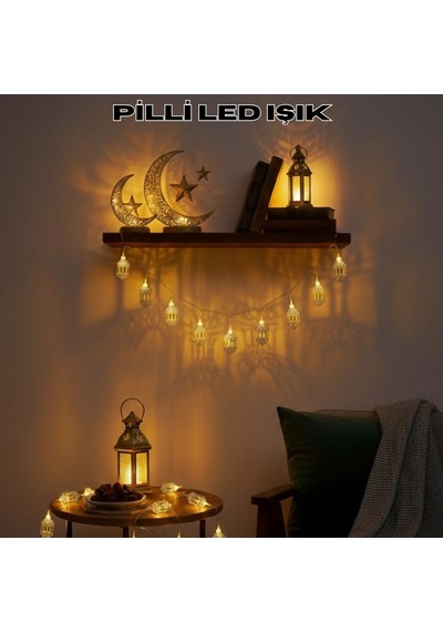 Pilli Ramazan Led Işık Altın Fener Detaylı Dekoratif Aydınlatma