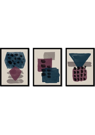 Mavi Ve Bordo Desenler Üçlü Çerçeveli Mdf Tablo Seti-173815