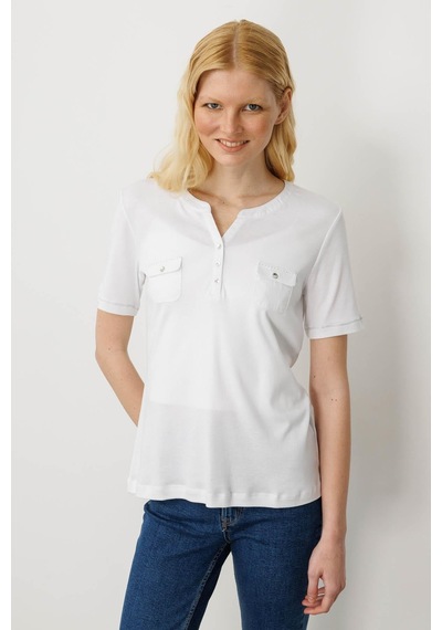 Kadın Açma Yaka Önü Cepli Pamuklu T-shirt Beyaz Beyaz