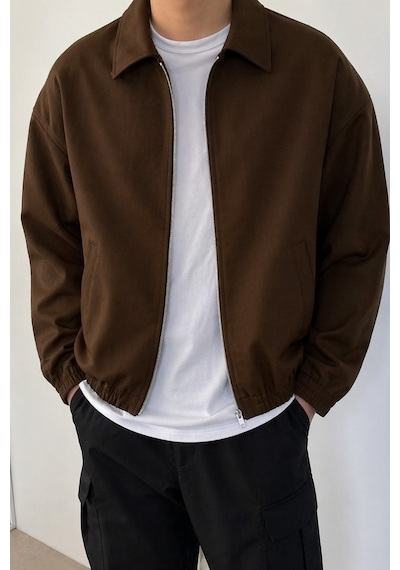 Tarz Cool Erkek Oversize Bomber Ceket Fermuarlı Basic Günlük Şık Mont Kahverengi