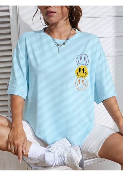 Noıssey Karikatür Ve Grafik Tasarım Oversize T-shirt Cartoon/letter Serisi Kod45 Mavi