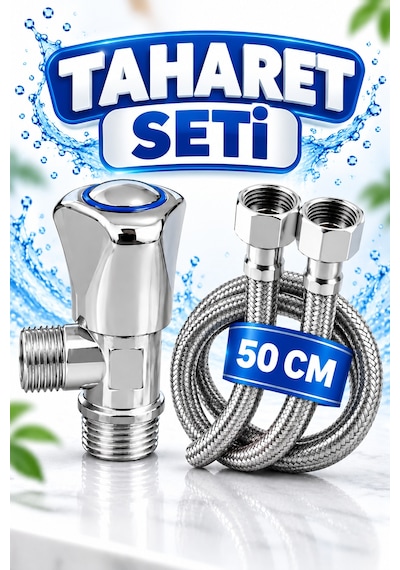 2'li Set Krom Taharet Ara Musluğu Ve 50 Cm Paslanmaz Çelik Flex Hortum 3/8' X 3/8'