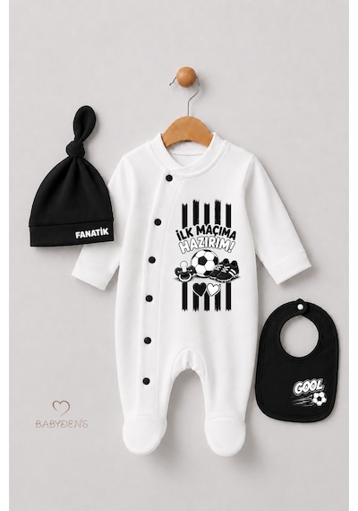 Babyden's 3'lü Bebek Tulum Seti %100 Pamuk Taraftar Temalı Siyah Beyaz İlk Maçıma Hazırım Baskılı Şapka Önlük Seti Siyah - Beyaz