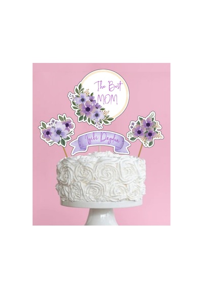 İyiki Doğdun Anne The Best Mom Mor Çiçekli Pasta Cupcake Kürdanı Doğum Günü Süsü 4 Parça Diğer