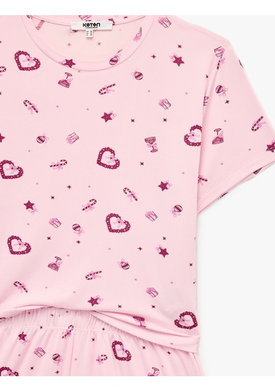 Koton Kalp Desenli Rahat Kalıp Kısa Kollu Bisiklet Yaka Şortlu Pijama Takımı Pembe Desenli 7wlk40333mk