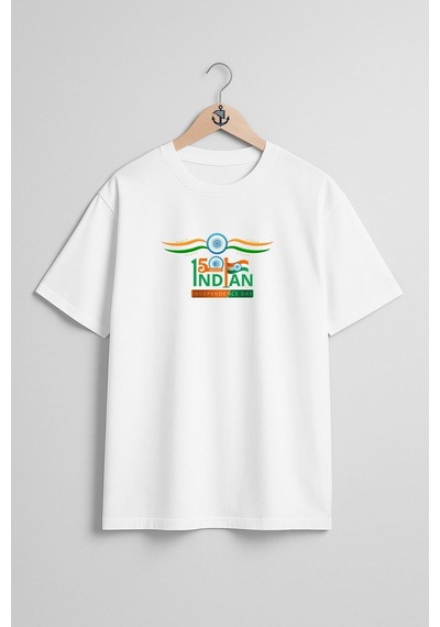 Oversize 15 August Happy Independence Day India Göğüs Tasarımlı Unisex T-shirt Beyaz