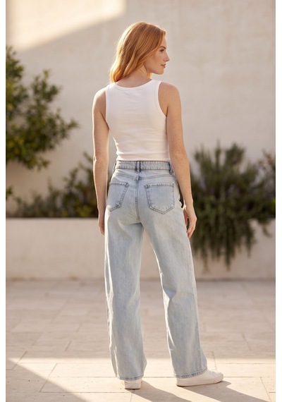 Soulshae Yüksek Bel Geniş Paça Denim Pantolon Mavi