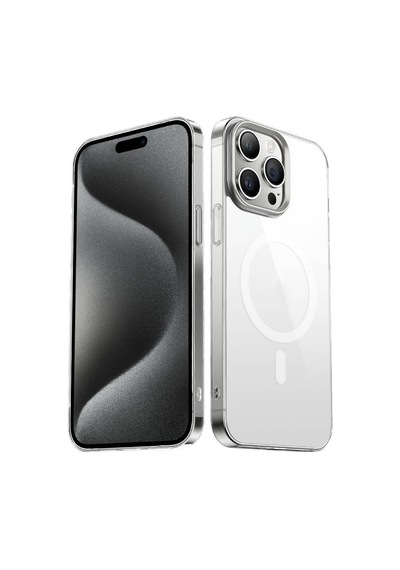 Apple Uyumlu iPhone 15 Pro Max Zore Wireless Şarj Özellikli Şeffaf G glass Kılıf gümüş Gümüş