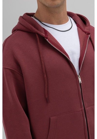 Vamos Basic Fermuarlı Oversize Kapüşonlu Sweatshirt Bordo