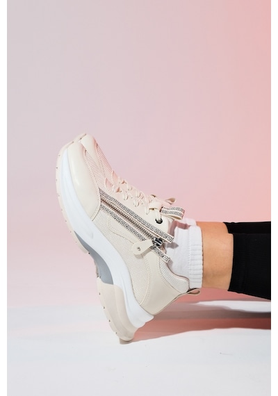 Luvishoes Oude Ekru Kadın Fermuarlı Kalın Taban Spor Sneakers Ekru