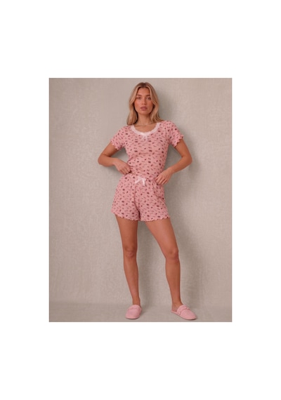 Bella Notte Çiçekli Dantel Kare Yakalı Örme Kısa Kollu Şort Pijama Takımı Pembe