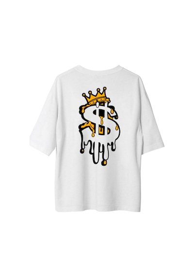 Qmen Style Unisex Beyaz Oversize Baskılı T-shirt Eriyen Dolar %100 Pamuk