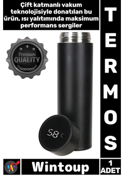 Termos Sızdırmaz Vakumlu Akıllı Led Ekranlı Dijital Sıcaklık Göstergeli Outdoor Çelik Termos Siyah Çok Renkli